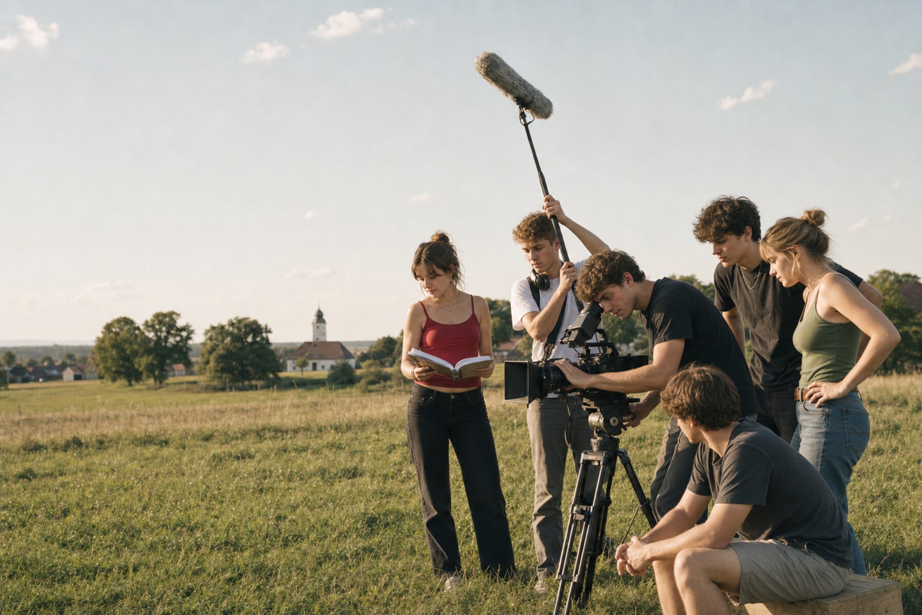 Neu inszeniertes Stimmungsbild einer Filmcrew bei einem Außendreh