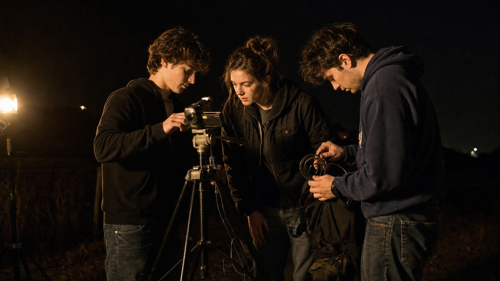 Neu inszeniertes Stimmungsbild dreier junger Filmer bei einem Nachtdreh